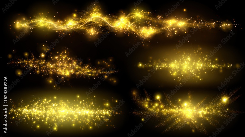 Poster golden sparkles: a mesmerizing array of shimmering golden sparkles dance against the deep darkness o