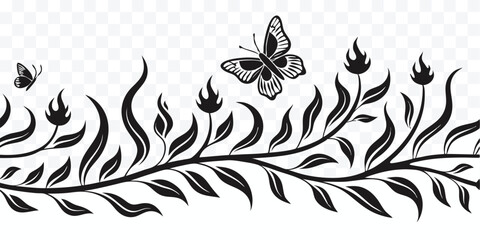 Elegant floral pattern with butterflies and stylized flowers in black and white vector illustration seamless border design artful composition nature inspired © design png