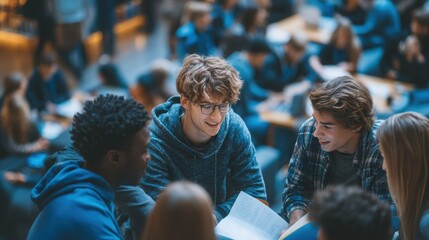 Group of young students engaging in collaborative studying and group discussion in a bright classroom environment