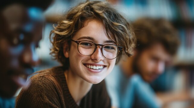 Young woman with curly hair and glasses smiling in a library or classroom with classmates in the background