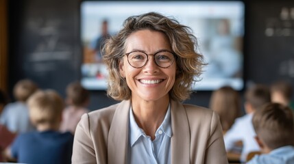 Confident mature woman teacher smiling in classroom with students, wearing glasses and professional attire, leading a lesson with a warm and friendly expression