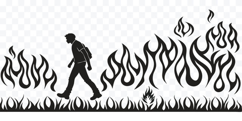 Silhouette of a Man Walking Through Flames Resilience and Perseverance in Crisis Overcoming Adversity and Challenges Illustration