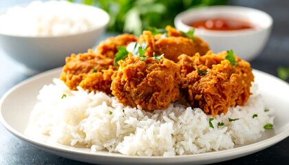 Crispy fried chicken over rice
