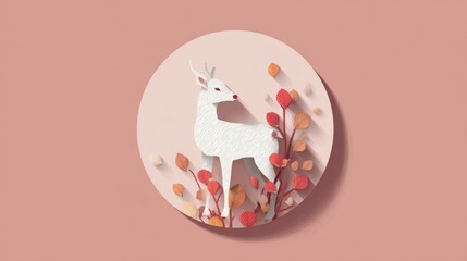 A white deer paper cut art style stands within a pink circle with leaves and blush backdrop