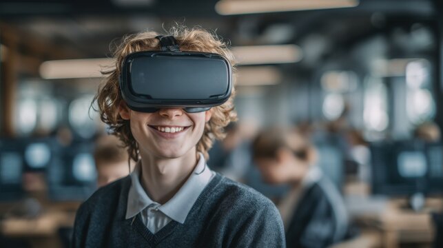 Young woman using virtual reality headset in a modern tech workspace with colleagues in the background