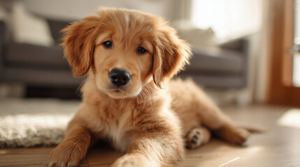 ai golden retriever puppy relaxing on a cozy rug in a sunlit living room