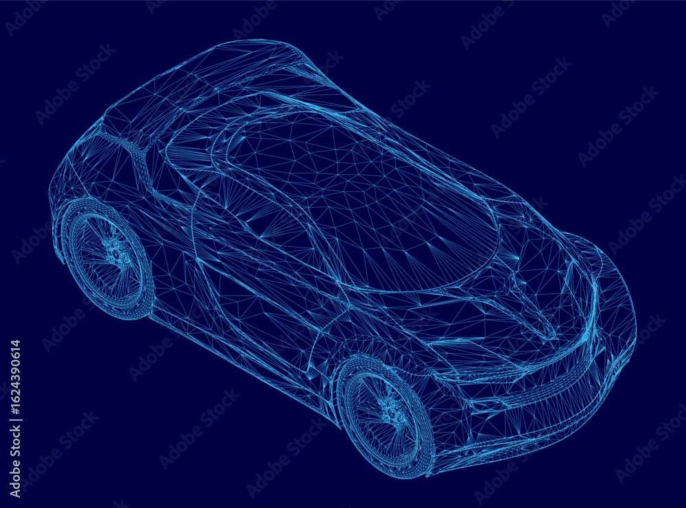 Poster a wireframe car design with interconnected lines and geometric shapes creates a sleek 3d effect on a
