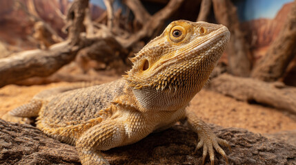 ai bearded dragon basking under warm light in desert habitat during the afternoon in a naturalistic setting