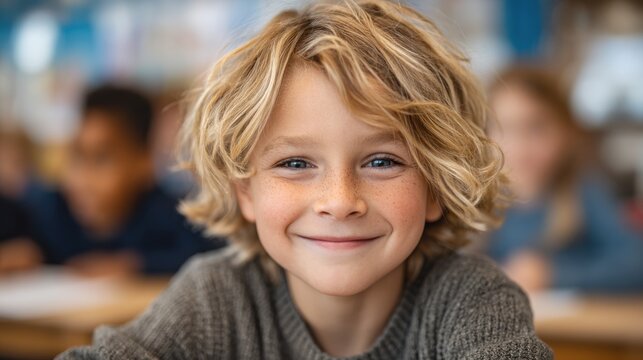 Close-up of a cheerful young boy with blonde wavy hair and bright blue eyes smiling in a lively classroom setting