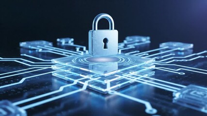 Cybersecurity concept with a locked padlock on a glowing central processing unit, illustrating data protection and digital network security. - Powered by Adobe