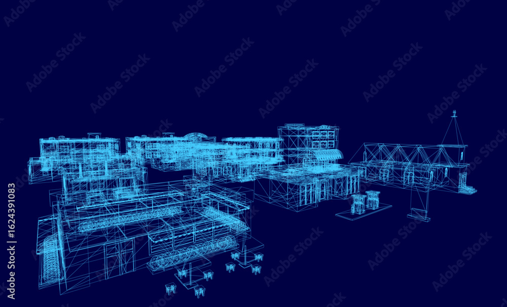 Poster a low poly wireframe blueprint of a building on a dark blue background, showcasing detailed architec