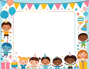 Colorful birthday border with diverse children and party elements