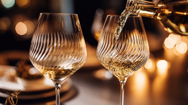 Crystal glasses with golden liquid pour, warm lighting ambiance for premium product promotions, celebration content and sophisticated design elements