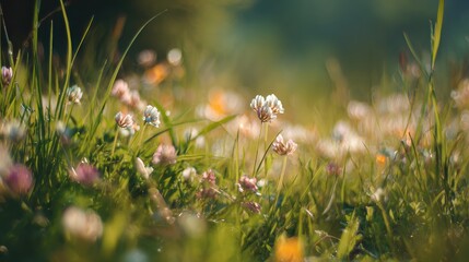Delicate flowers in spring grass at dawn, soft bokeh effect for gardening blogs, health lifestyle materials and natural scene designs