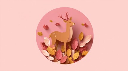 Rendered deer amongst paper leaves. Set within a pink circle. Minimalist aesthetic
