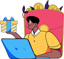 Delighted young man earns rewards online, receiving a gift while working on his laptop from home, embracing the digital economy and celebrating success with a smile, digital lifestyle