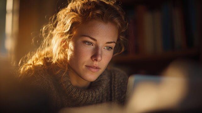 Close-up of a young red-haired woman with freckles reading a tablet in a cozy, sunlit indoor setting with a blurred bookshelf background - Powered by Adobe