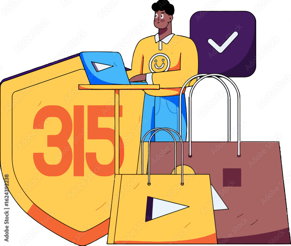 Aufkleber online shopping security with happy customer using laptop, protected by shield and secure payment, c