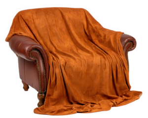 Cozy blanket draped on brown leather armchair, soft orange fabric, comfortable and inviting, home interior, relaxation, isolated on transparency background