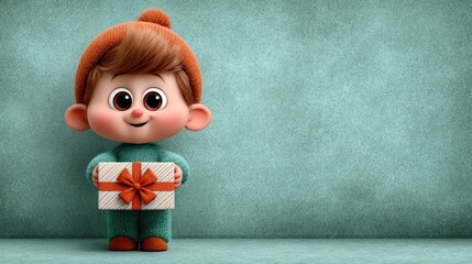 Adorable Cartoon Child Holding Gift Box with Red Ribbon and Bow