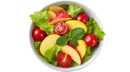 Fresh salad with apple slice and tomato isolated on transparent backgroun with vibrant colors