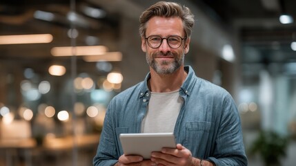 Confident middle-aged man with glasses smiling while using a tablet in an modern indoor setting