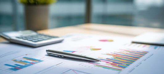 The financial analysis documents with colorful graphs on a professional workspace.
