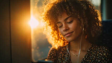 Young woman with curly hair enjoying music on her device during sunset on a bus or train, relaxed and content, warm glow, casual style, close-up portrait