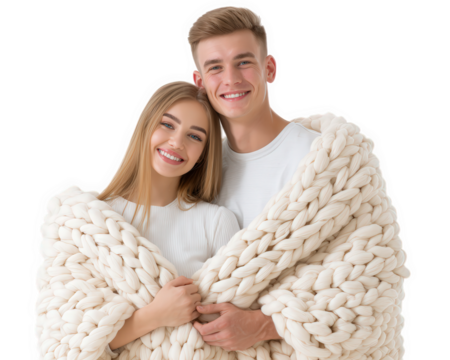 Couple wrapped in cozy chunky knit blanket, smiling, standing close together, wearing white clothing, isolated on transparency background, expressing warmth and happiness