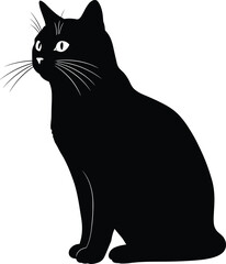 Illustration of a Cute Black and White Cat Silhouette Sitting Against a White Background, Vector Art of a Mammal Pet, Tail Shape Design, Isolated Drawing for Animal Lovers