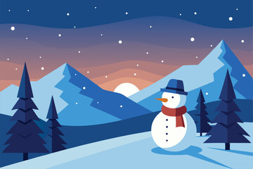 outdoor winter scene with a snowman wearing a sca.eps