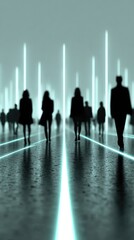 Silhouetted Figures Walking in Futuristic Neon Cityscape at Night with Vertical Light Beams