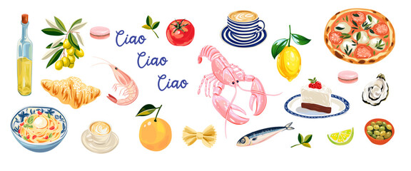 Set of Italian Mediterranean elements featuring hand-drawn illustrations of olive oil, olives, shrimp, espresso, lemon, pizza, croissant, pasta, and sardines. Perfect for summer branding, cards