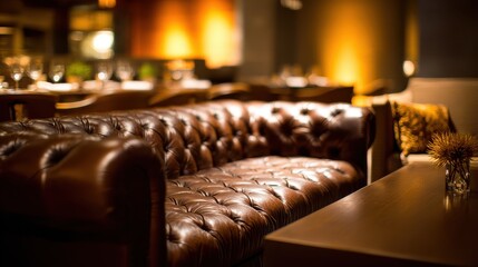 Warm ambient-lit scene of luxury leather furniture in high-end dining establishment