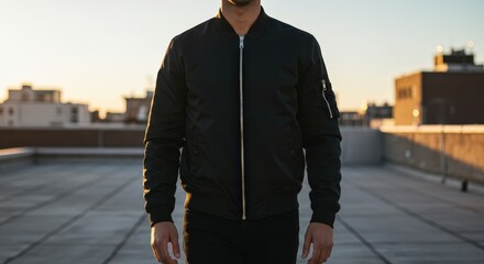 A man stands on a rooftop wearing a black bomber jacket, with buildings visible in the background during golden hour.