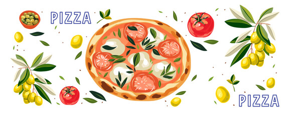 Set of Italian Mediterranean elements featuring hand-drawn illustrations of pizza, olives, and tomatoes. Perfect for summer-themed cards, posters, branding, and coastal decor.