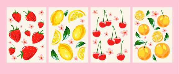 Set of Italian Mediterranean cards featuring hand-drawn illustrations of strawberries, cherries, lemons, oranges, and flowers. Perfect for summer greetings, posters, branding.