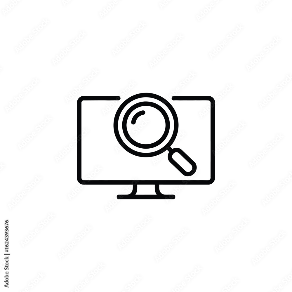Poster computer screen with magnifying glass icon for search and analysis