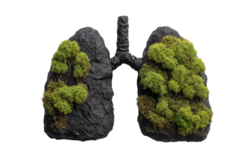 Lungs filled with miniature trees, symbolic of clean air.  Dark gray lungs, filled with vibrant green miniature trees, forming a graphic image.  Dark background.  The lungs are visually connected