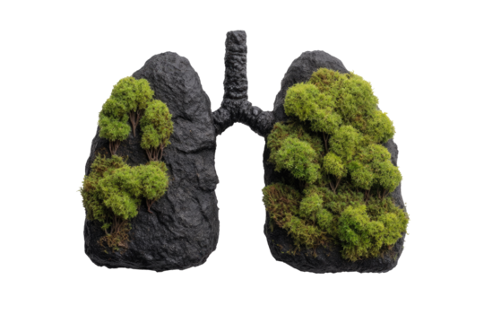 Lungs filled with miniature trees, symbolic of clean air.  Dark gray lungs, filled with vibrant green miniature trees, forming a graphic image.  Dark background.  The lungs are visually connected