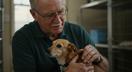 Tender Moment: Senior Man Holds Affectionate Dog