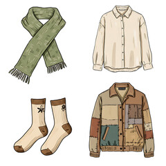 Naklejka premium Hand-drawn Fashion Illustration: Scarf, Shirt, Jacket, Socks