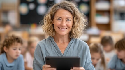 Smiling female teacher holding tablet in classroom with children, engaging education environment, positive learning atmosphere, diverse students,