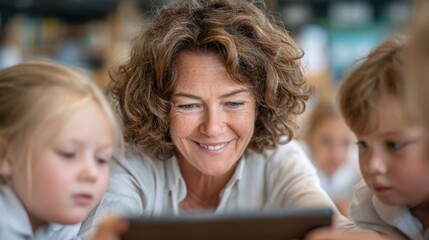 Friendly female teacher using tablet with young students in classroom setting