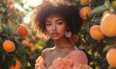 Black African American female model, peach fuzz-inspired editorial portrait, celebrating natural beauty in fashion and modeling, Generative AI