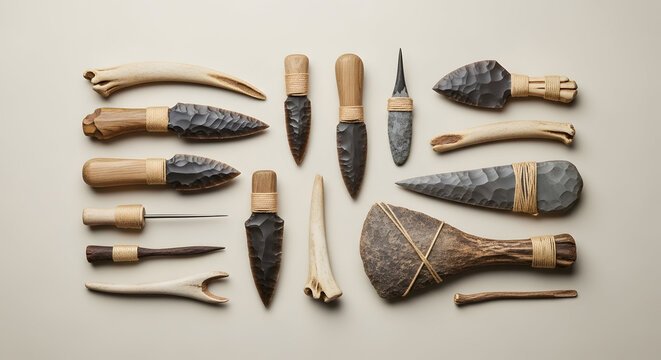 Collection of Ancient Primitive Stone Tools and Bone Implements