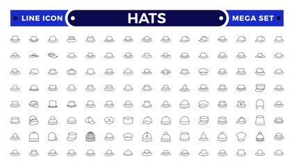 Stylish outline icon set featuring unique hats: beanies, fedoras, caps, sunhats & more. Perfect for fashion apps, branding, print, and web. Clean, minimal, and fully scalable.