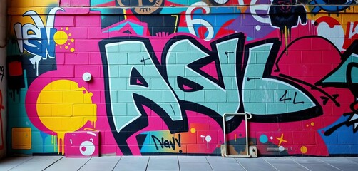 Vibrant abstract graffiti wall, bold colors, layered textures, geometric shapes,  aesthetic,  dynamic