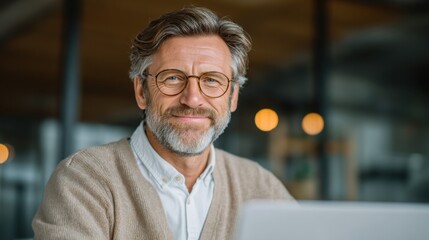 Obraz premium Older man with gray hair and beard wearing glasses and a beige sweater smiling while working on a laptop in a modern indoor setting
