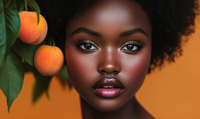Black African American female model, peach fuzz-inspired editorial portrait, celebrating natural beauty in fashion and modeling, Generative AI